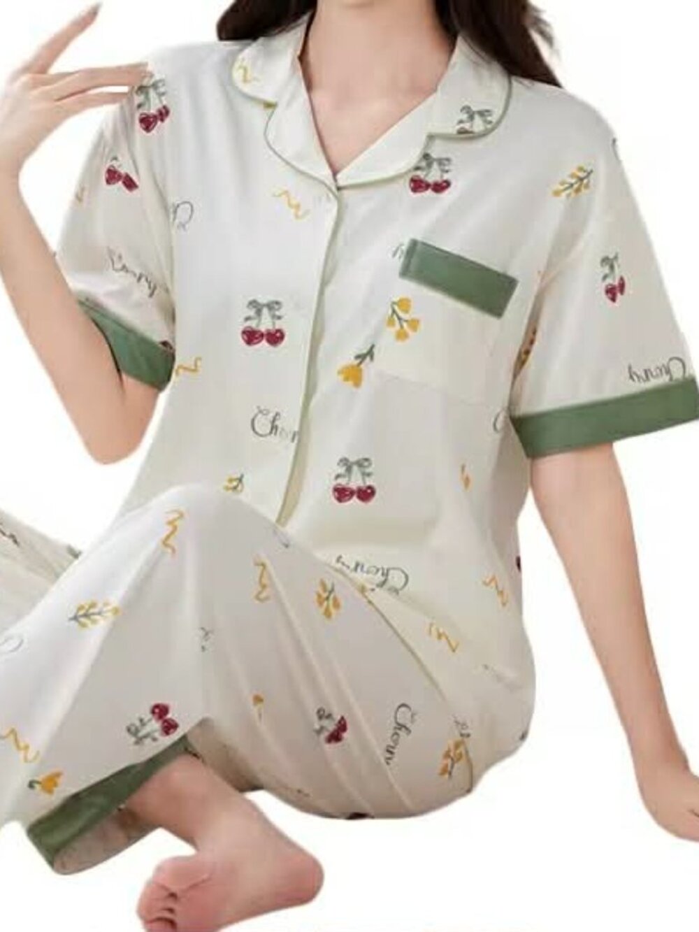 Women's Cream Cherry Print Short Short Sleeve Pajama Green Trim.